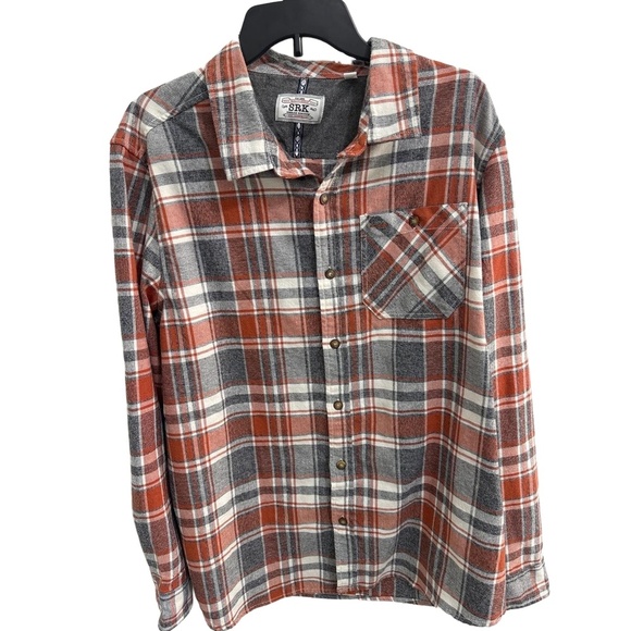 SRK Orange Grey White Plaid Long Sleeve Button Up Warm Flannel Shirt Mens XL - Picture 2 of 9